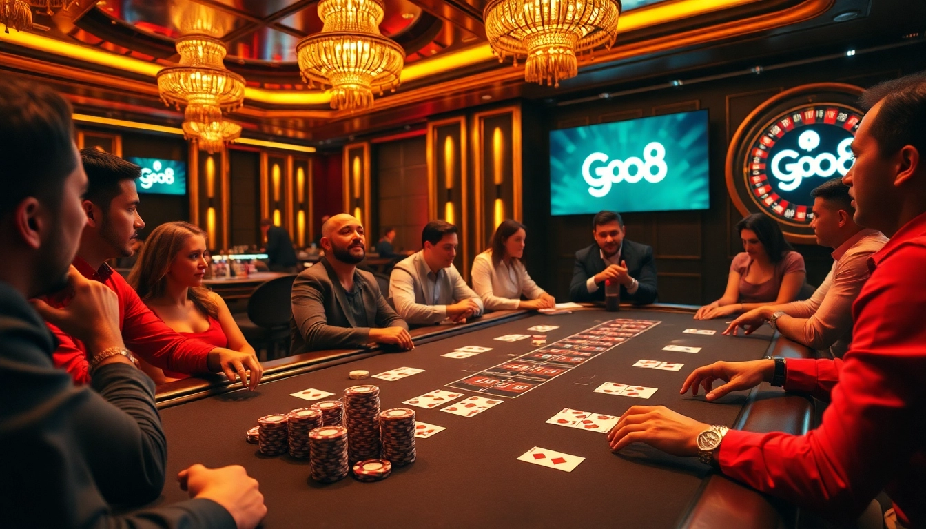 Go8 logo featured prominently at a luxurious poker table filled with excited players and vibrant chips.