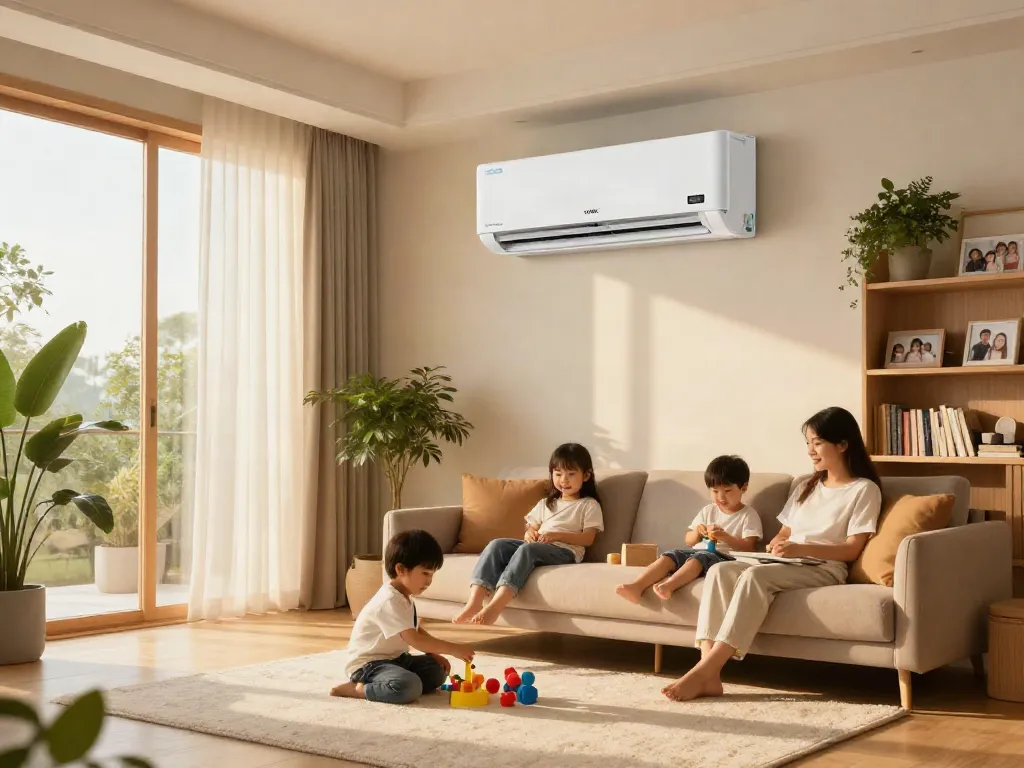 Modern living room with an 18k mini split air conditioning unit, family enjoying cozy atmosphere.