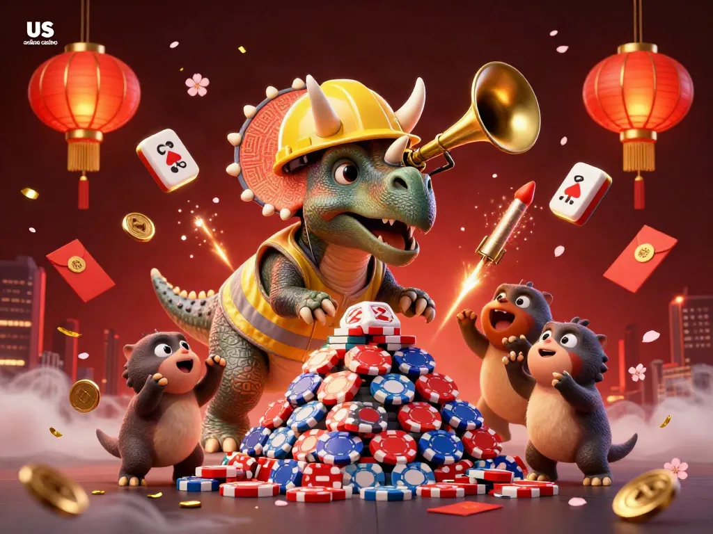 Cheerful celebration of the us online casino with cartoon dinosaurs forming a poker chip pyramid amidst festive elements.