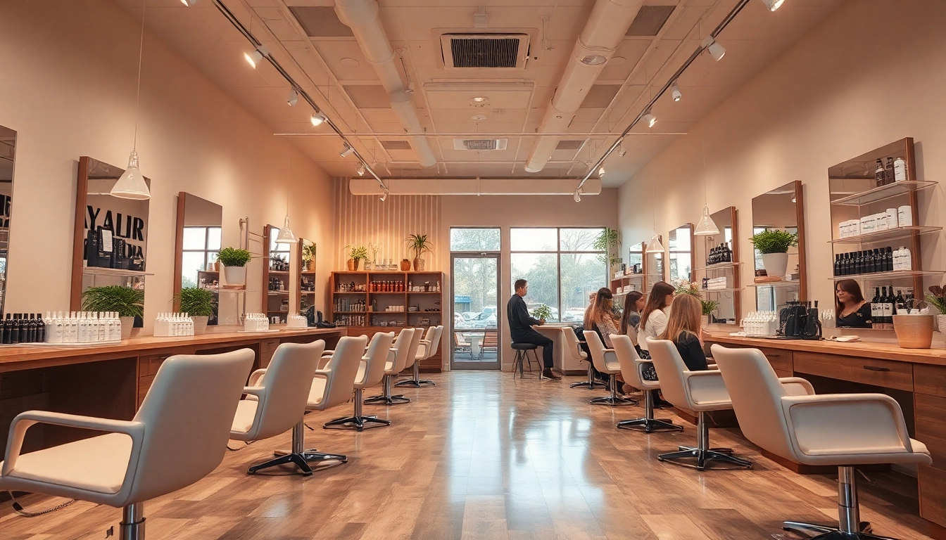 Interior of a hair salon San Diego, featuring stylists and modern décor, creating a welcoming atmosphere.