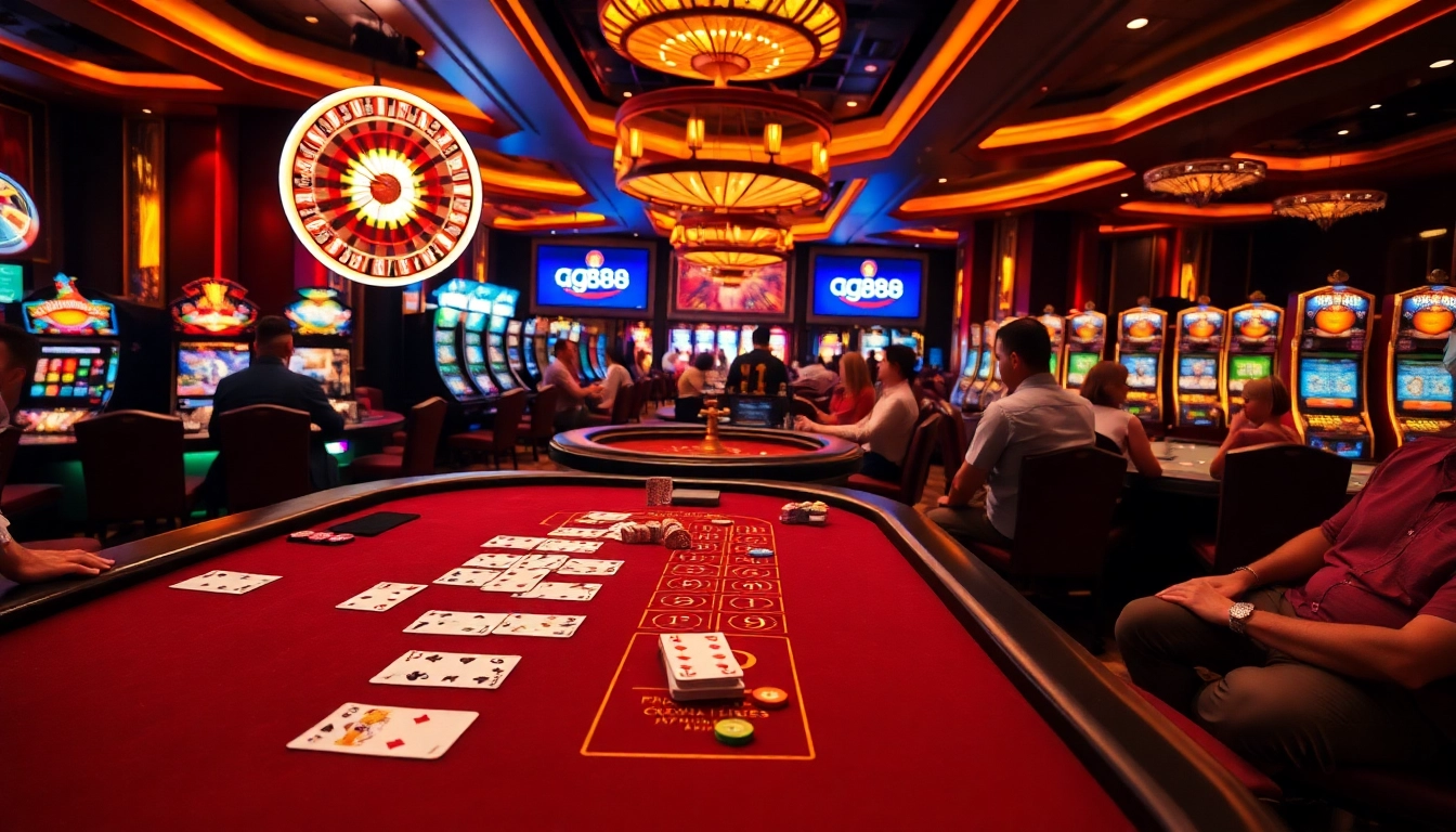 Win big at https://gg88.black/ in a vibrant casino scene featuring blackjack tables and slot machines.
