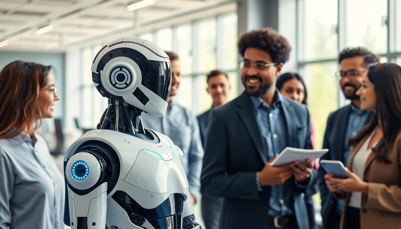 AI Employee collaborating with a diverse team in a bright modern office environment.
