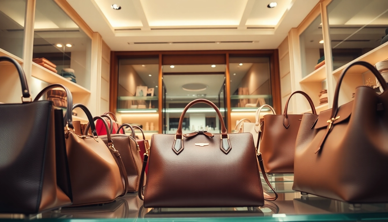 명품 이미테이션 핸드백을 세련된 부티크에서 전시하는 모습입니다.