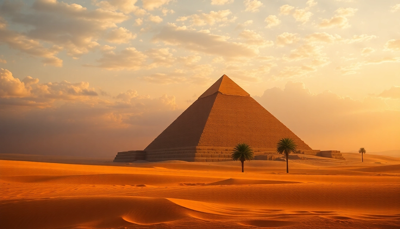 Visit https://piraminds.com/ to see an artistic depiction of the Great Pyramid of Giza at sunset.
