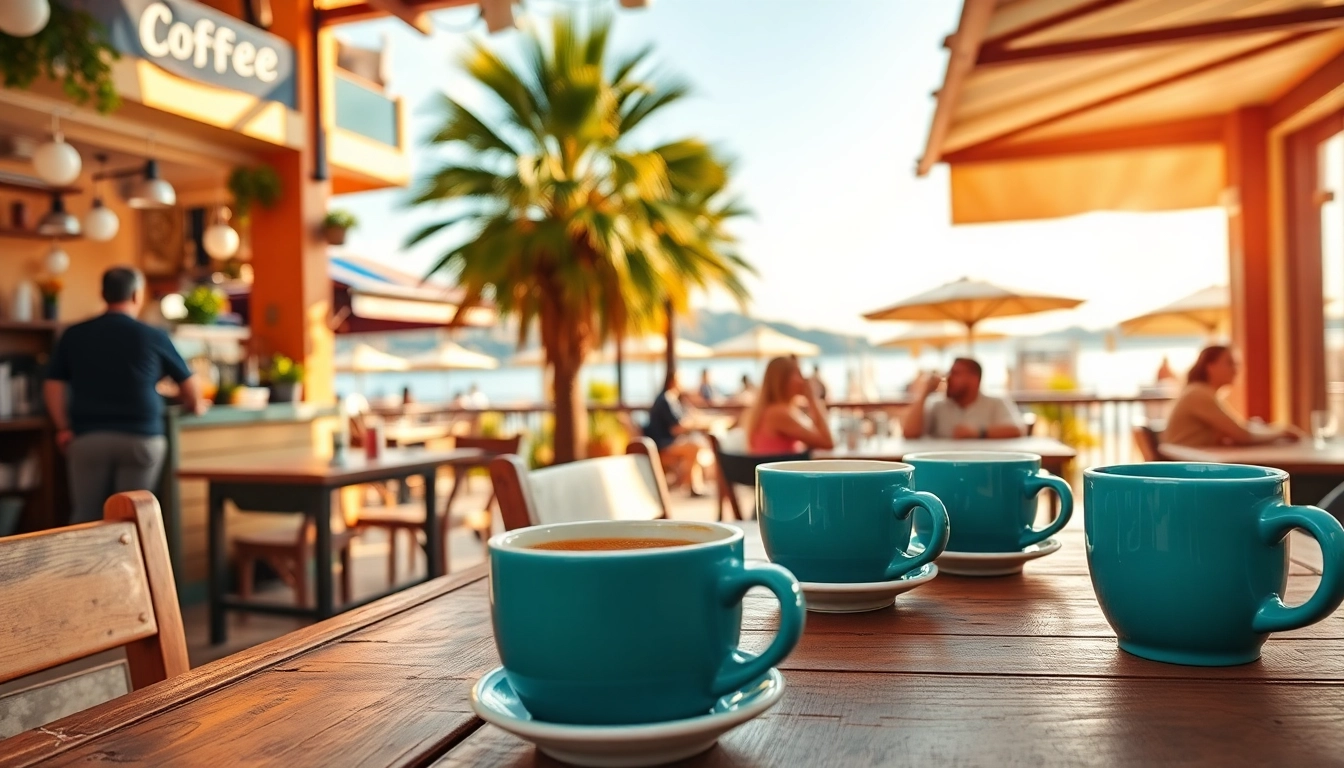 Kaffeegenuss im Coffee Shop Verband Lloret de Mar mit fröhlichen Gästen und sonniger Atmosphäre.