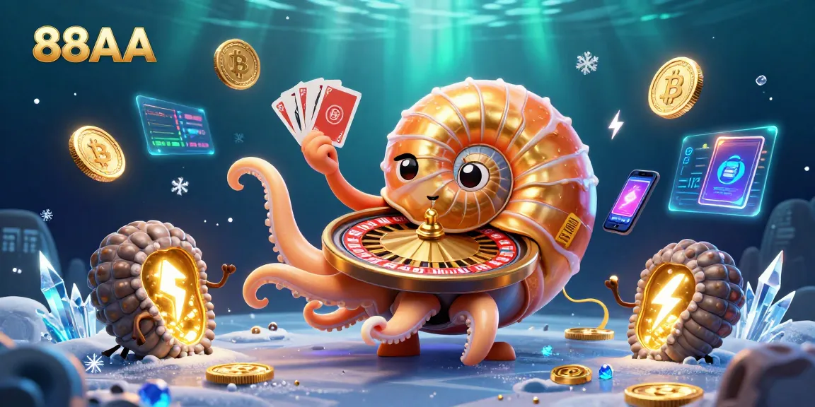 Engage with 88AA's vibrant casino space featuring a giant nautilus roulette wheel, dynamic cards, and glowing crypto elements.