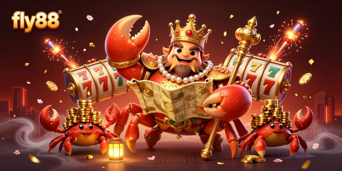 Experience the thrill of fly88 with a golden crab emperor amidst vibrant casino elements in this dynamic illustration.