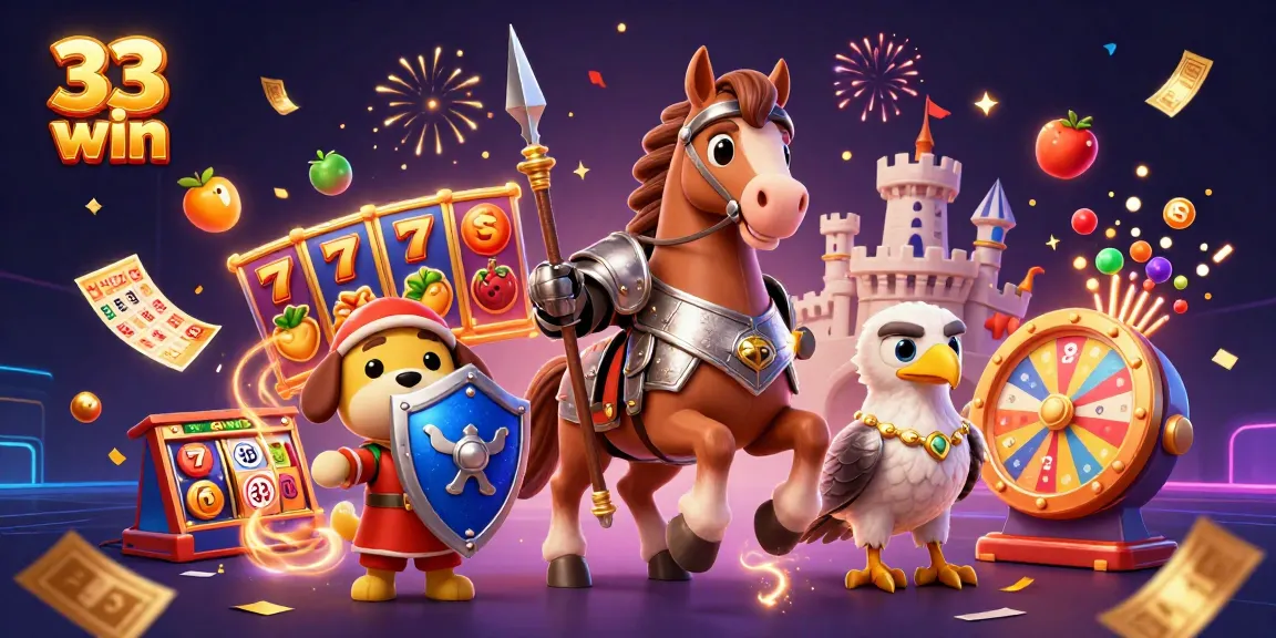 Experience thrilling excitement with 33 win as colorful slot game elements abound in a dynamic casino scene.