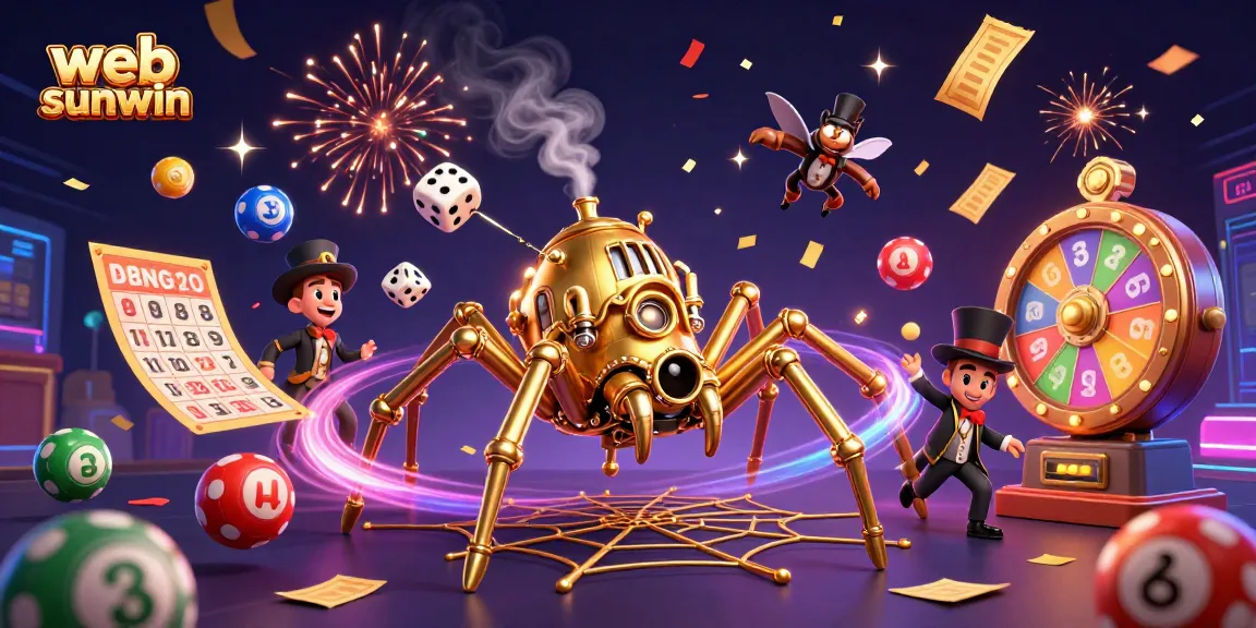 Engage with thrilling games at web sunwin, a vibrant 3D casino illustration featuring dynamic lottery activities.