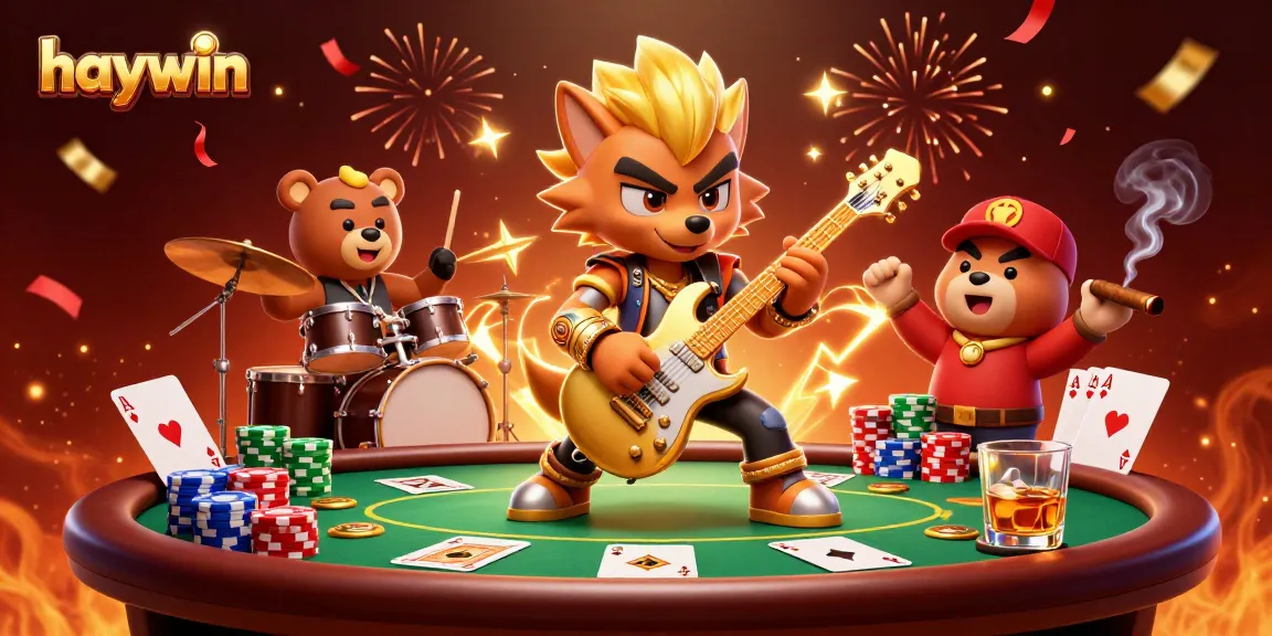 Engage with haywin casino action featuring a rock star wolf shredding guitar on stage.